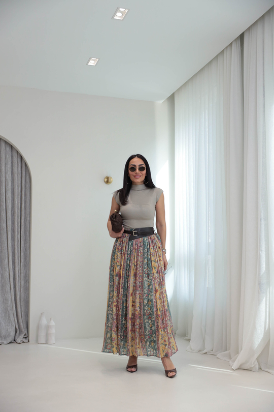 3374 Kemerli Pliseli Desenli Maxi Etek YEŞİL