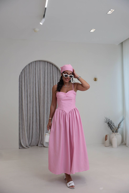 4058 Çizgili Bandana Detaylı Elbise PEMBE