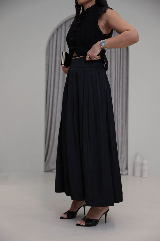 8120 Pileli Maxi Tok Saten Etek SİYAH