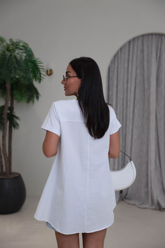 8745 Poplin Kumaş Garnili Bisiklet Yaka Tshirt BEYAZ