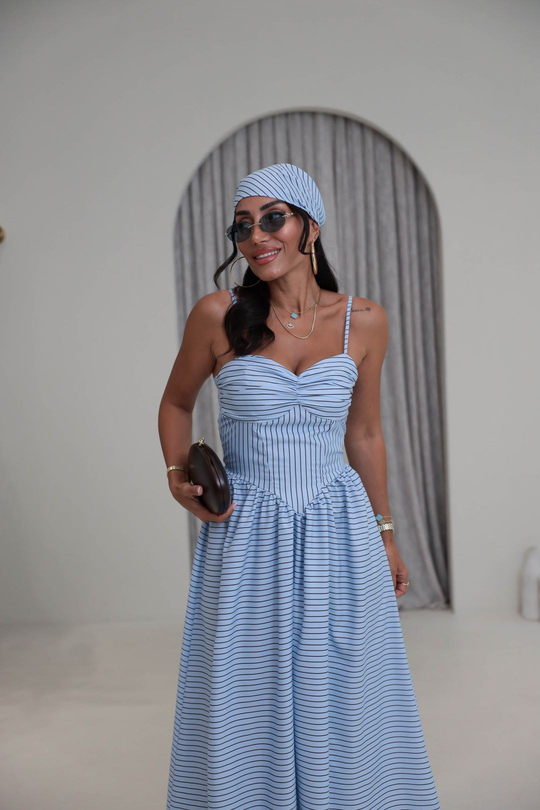 4058 Çizgili Bandana Detaylı Elbise MAVİ