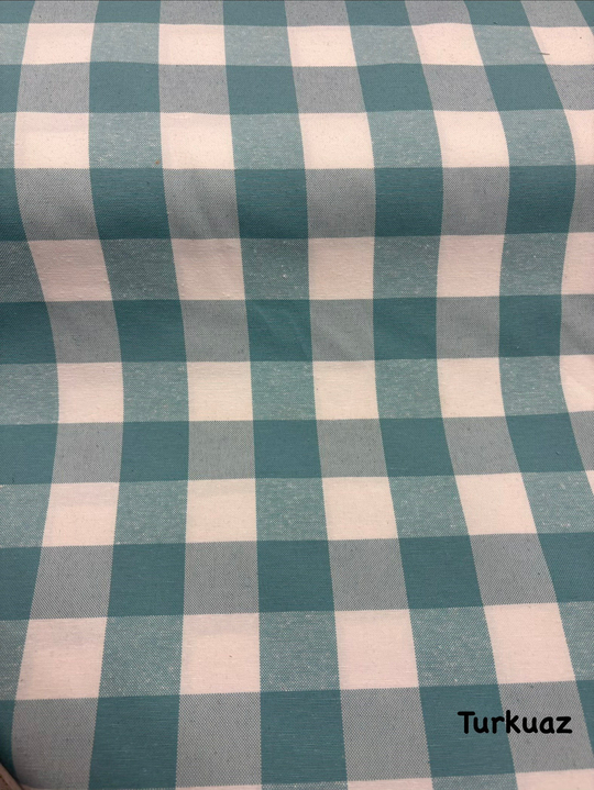 İri Kareli Etu Cotton Keten Turkuaz