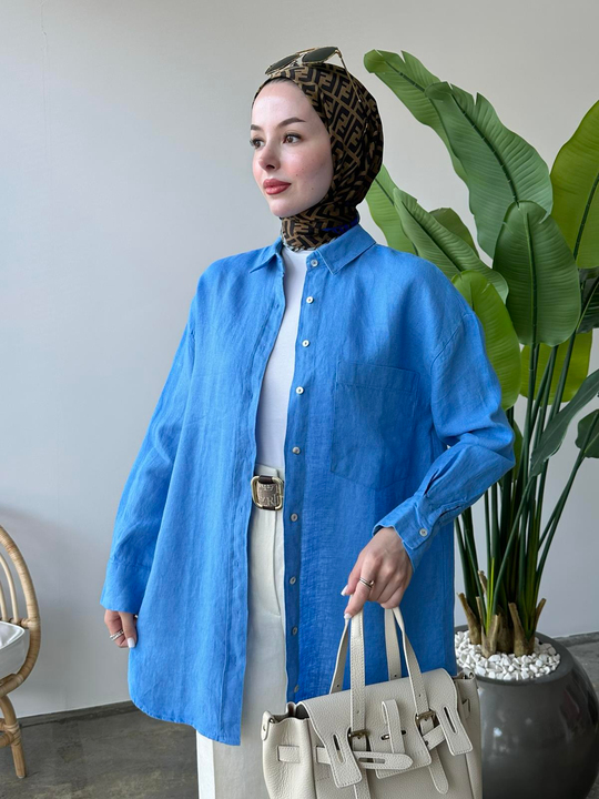 %100 Ham Keten Premium Tunik MAVİ
