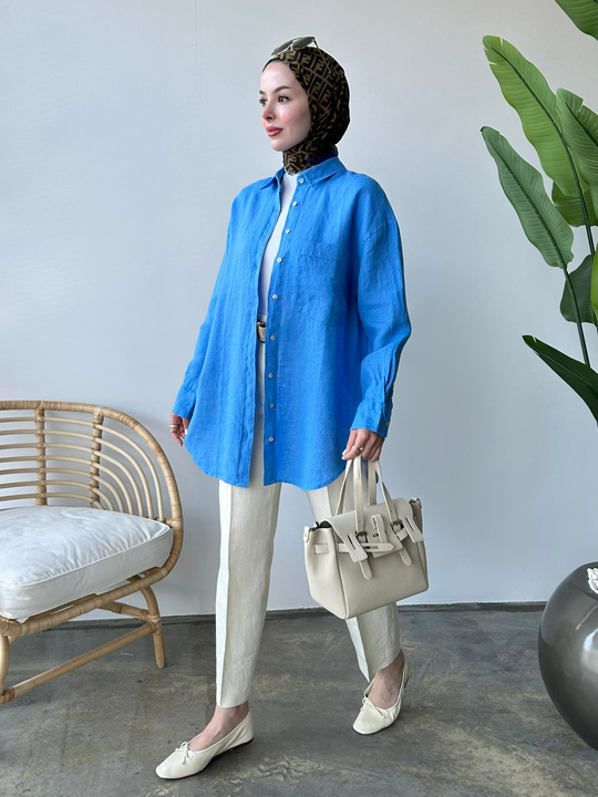 %100 Ham Keten Premium Tunik MAVİ