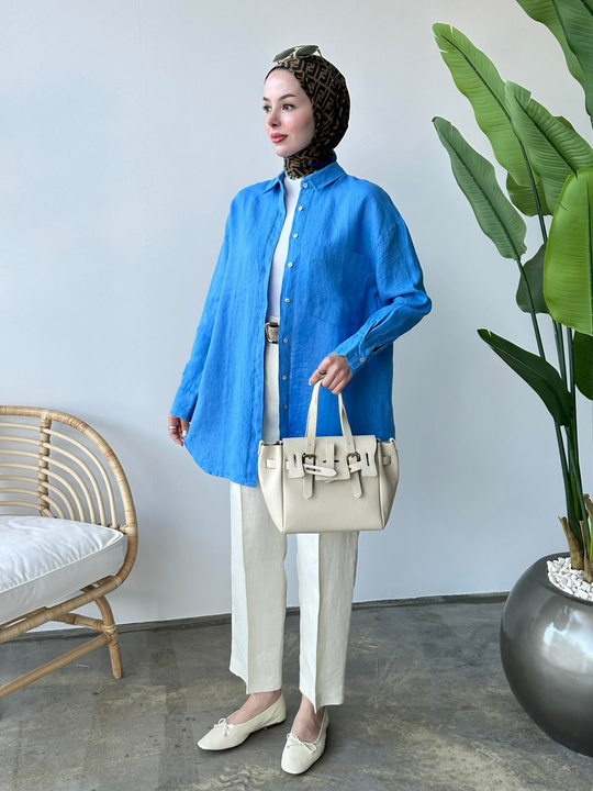 %100 Ham Keten Premium Tunik MAVİ