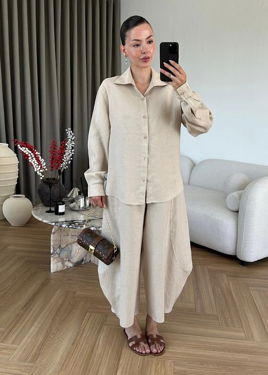 %100 Keten Şalvar Pantolon BEJ