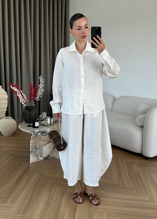 %100 Keten Şalvar Pantolon BEYAZ