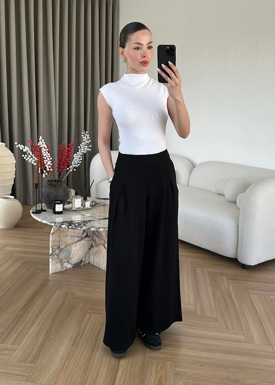 A Pileli Modal Pantolon SİYAH