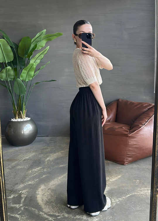 Ahşap Boncuklu Keten Pantolon SİYAH