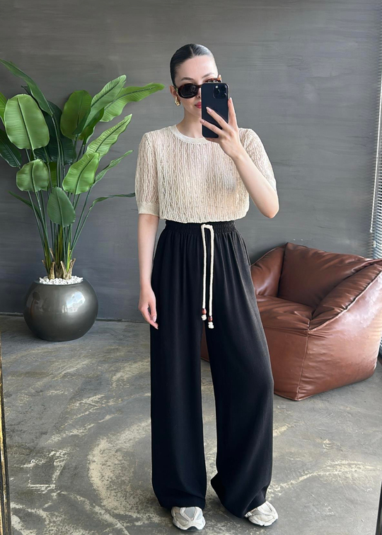 Ahşap Boncuklu Keten Pantolon SİYAH