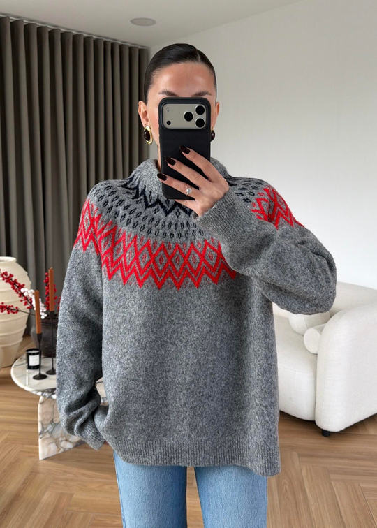 Alaska Etnik Desenli Kazak GRİ