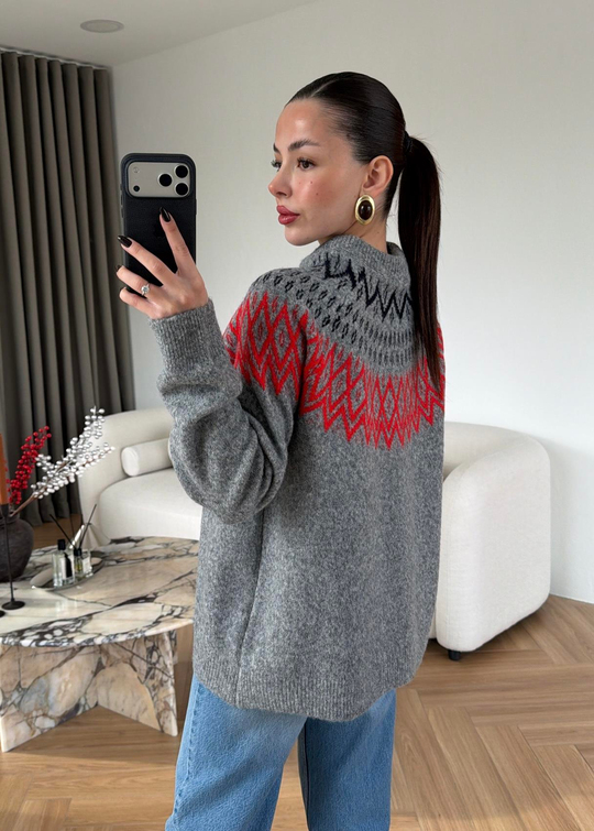 Alaska Etnik Desenli Kazak GRİ
