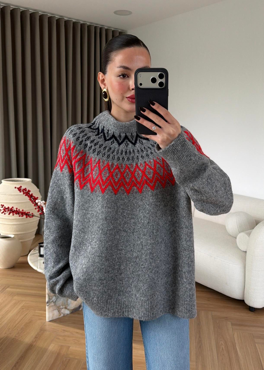 Alaska Etnik Desenli Kazak GRİ