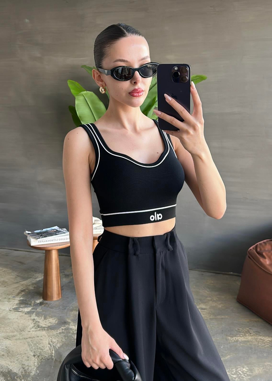 Alo Nakışlı Crop Bluz SİYAH