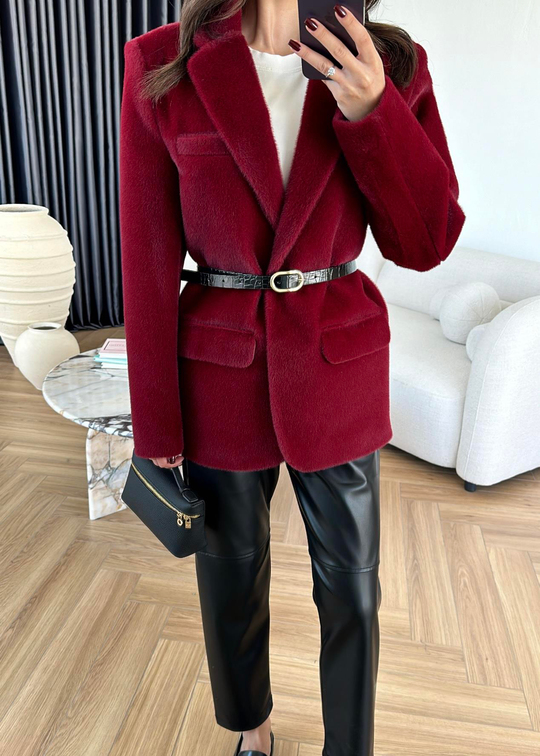 Alpaka Kemerli Ceket BORDO