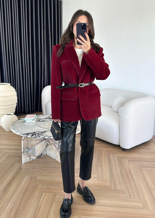 Alpaka Kemerli Ceket BORDO