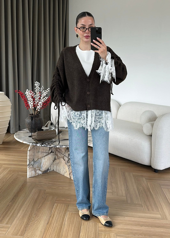 Altı Dantelli Premium Hırka ACI KAHVE