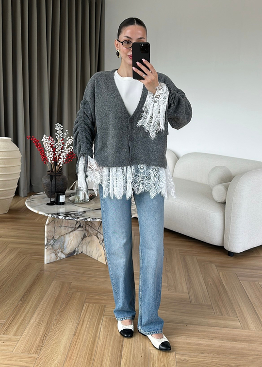 Altı Dantelli Premium Hırka ANTRASİT