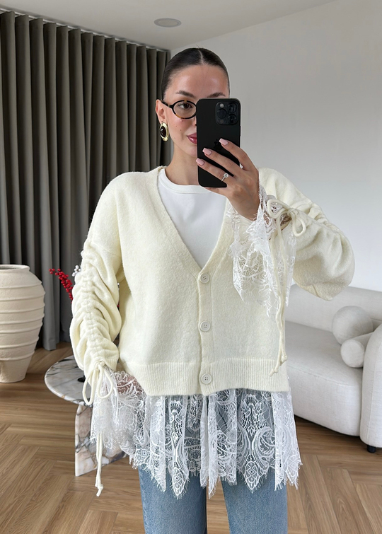 Altı Dantelli Premium Hırka EKRU