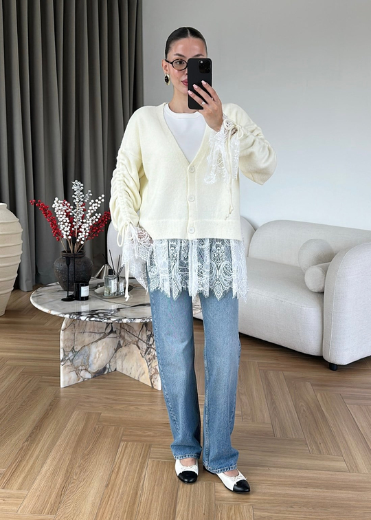 Altı Dantelli Premium Hırka EKRU