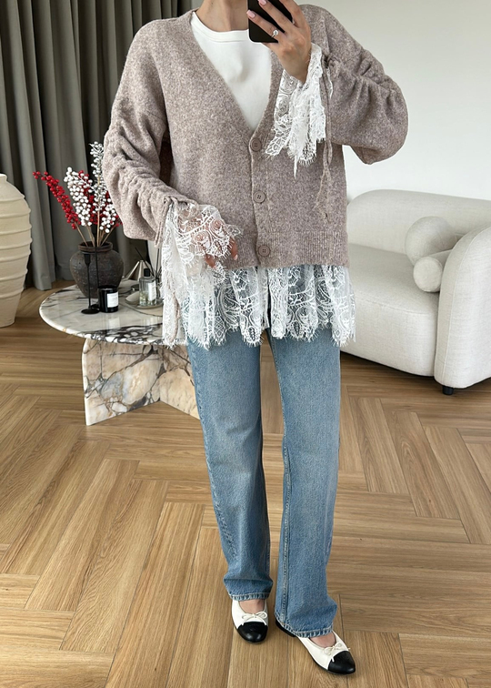 Altı Dantelli Premium Hırka VİZON