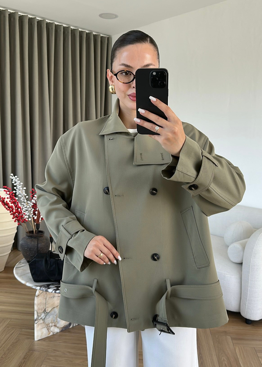 Alttan Kemerli Premium Trençkot HAKİ
