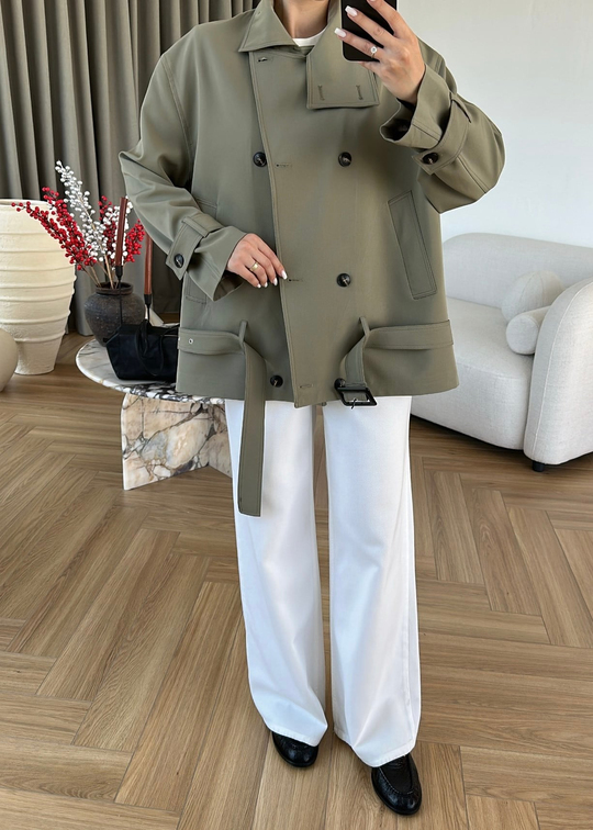 Alttan Kemerli Premium Trençkot HAKİ