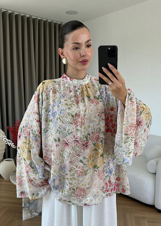 Anla Çiçek Desenli Gömlek PUDRA PEMBE