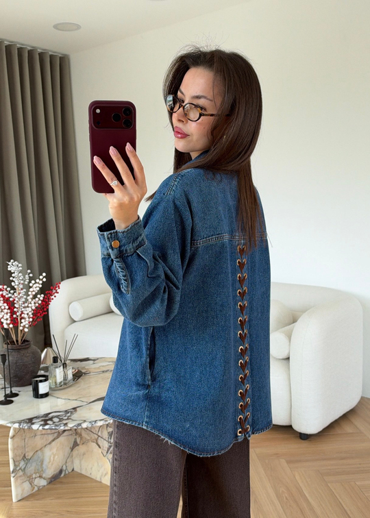 Arkası Bağcıklı Denim Gömlek MAVİ