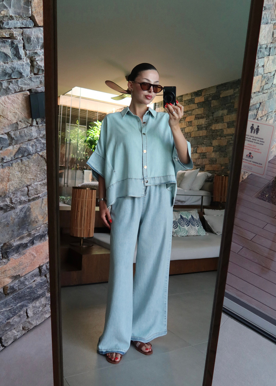 Asimetrik Ceketli Denim Tensel Takım BUZ MAVİ