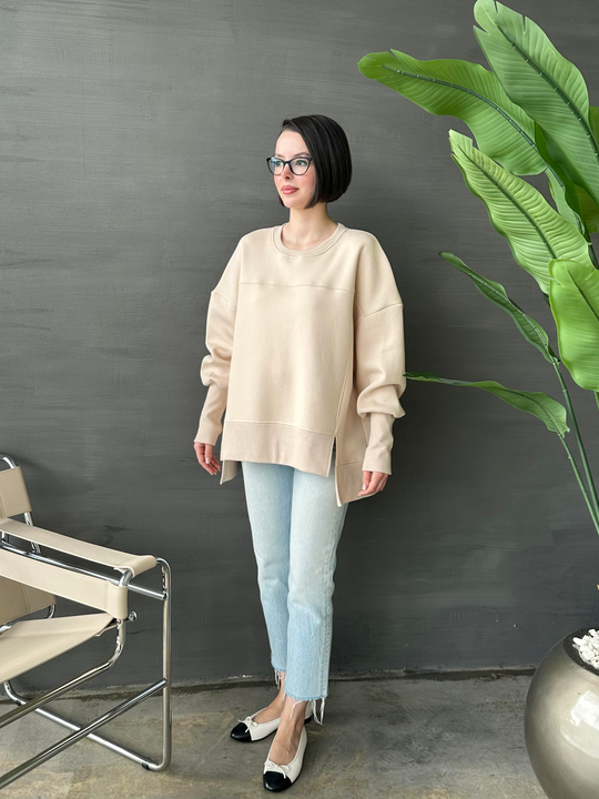 Asimetrik Kesimli Polarlı Sweatshirt BEJ