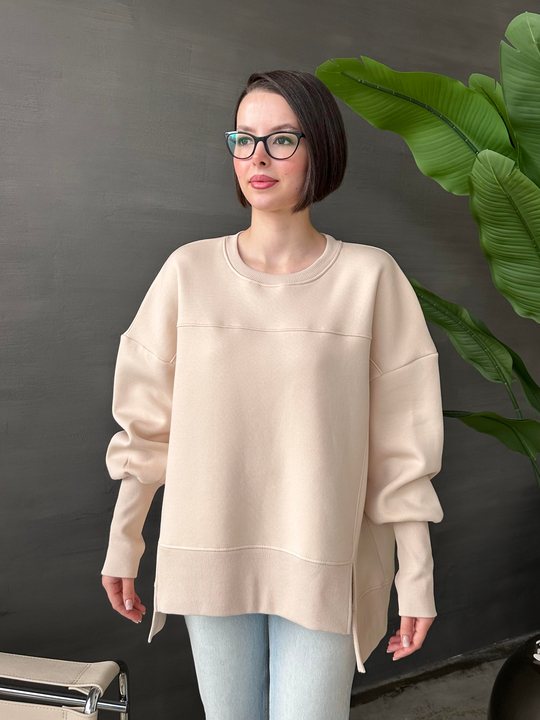 Asimetrik Kesimli Polarlı Sweatshirt BEJ