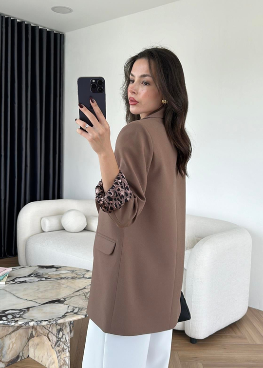 Astarı Leopar Desenli Blazer Ceket AÇIK KAHVE