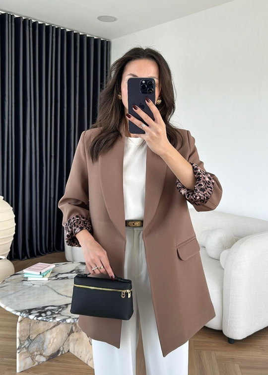 Astarı Leopar Desenli Blazer Ceket AÇIK KAHVE