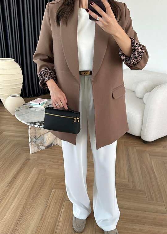 Astarı Leopar Desenli Blazer Ceket AÇIK KAHVE