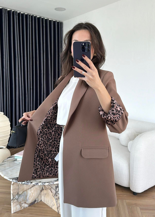 Astarı Leopar Desenli Blazer Ceket AÇIK KAHVE
