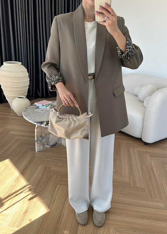 Astarı Leopar Desenli Blazer Ceket HAKİ