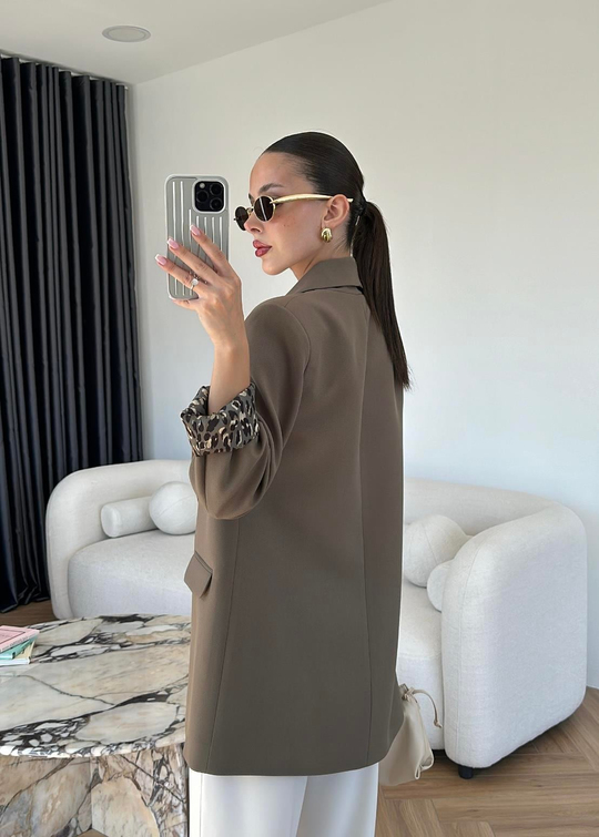 Astarı Leopar Desenli Blazer Ceket HAKİ