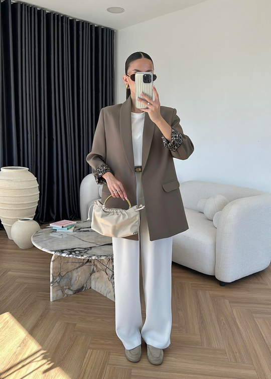 Astarı Leopar Desenli Blazer Ceket HAKİ