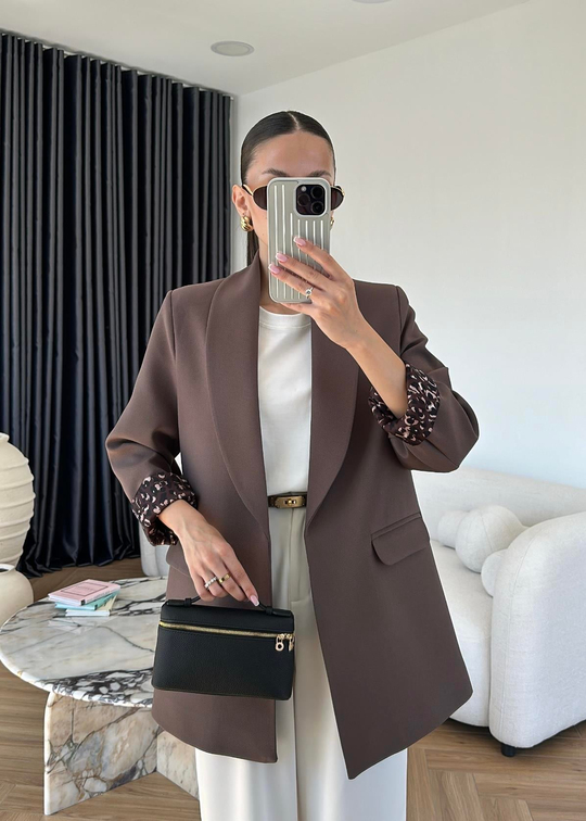 Astarı Leopar Desenli Blazer Ceket KAHVE