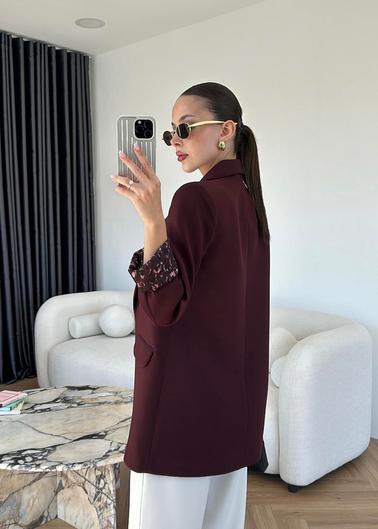 Astarı Leopar Desenli Blazer Ceket MÜRDÜM