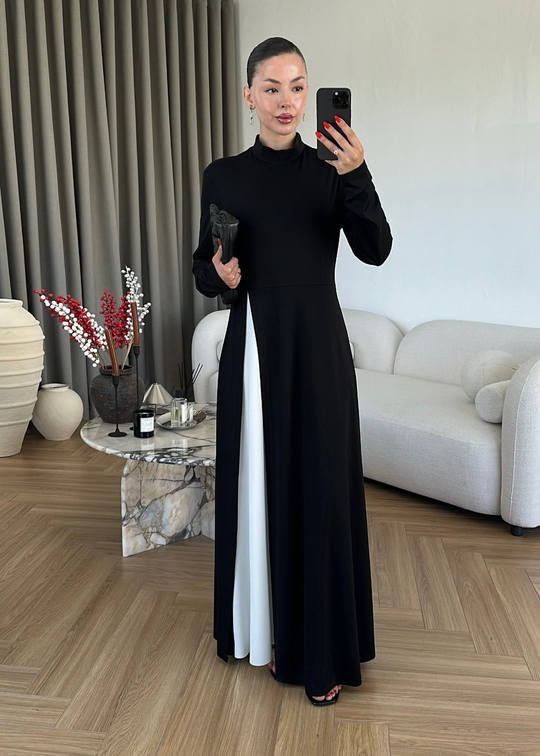 Aura Modern Çizgili Elbise SİYAH