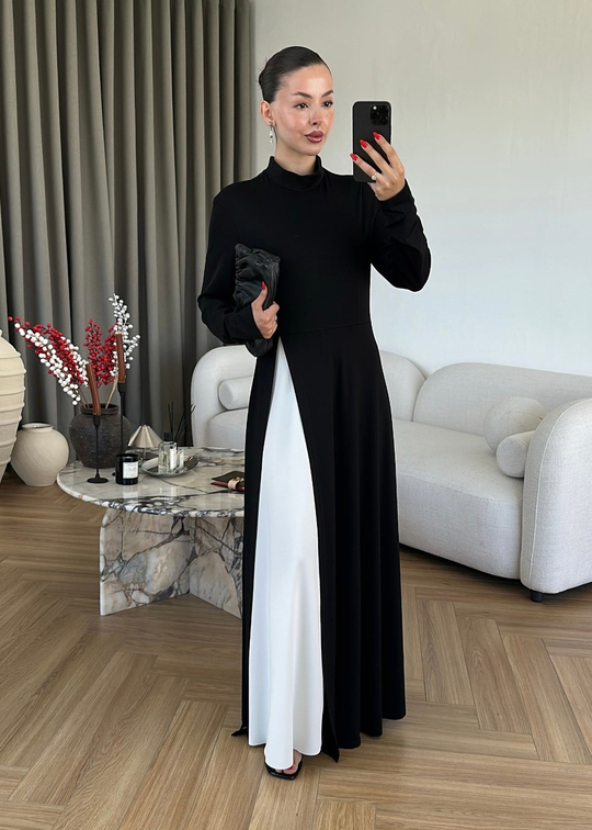 Aura Modern Çizgili Elbise SİYAH