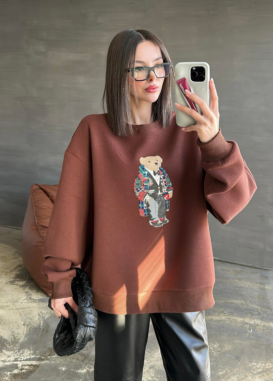 Ayıcık Baskılı Sweatshirt ACI KAHVE
