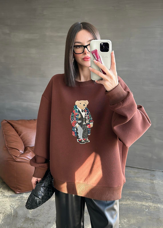 Ayıcık Baskılı Sweatshirt ACI KAHVE