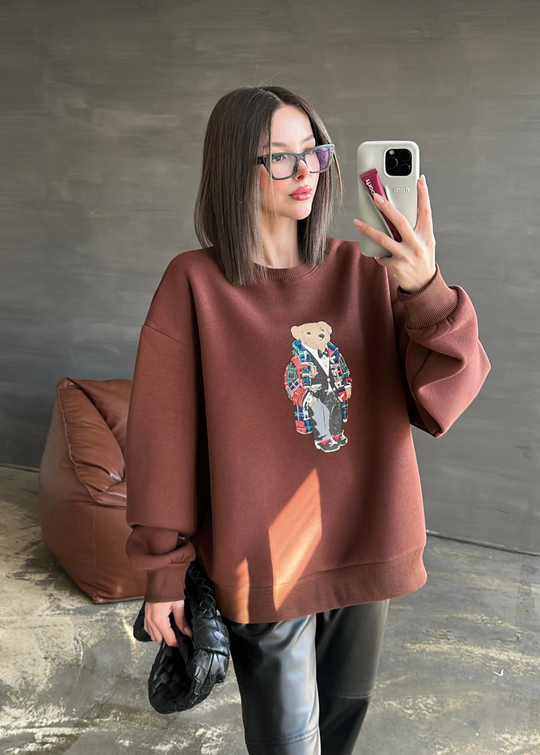 Ayıcık Baskılı Sweatshirt ACI KAHVE