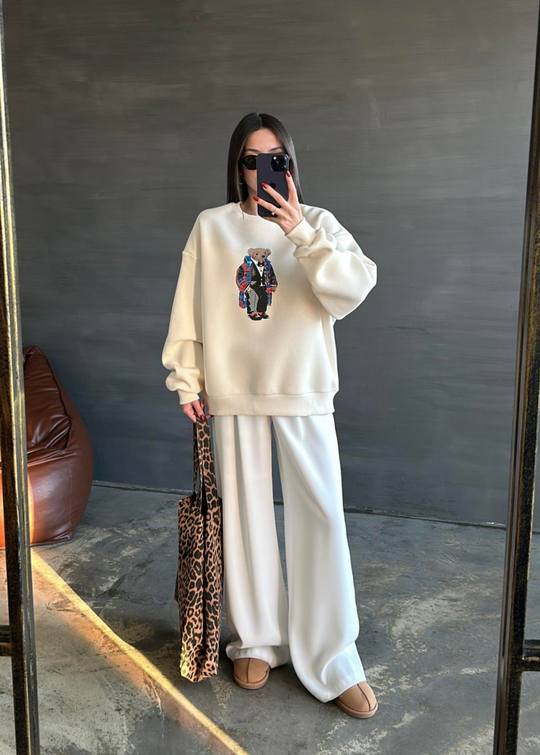 Ayıcık Baskılı Sweatshirt BEJ