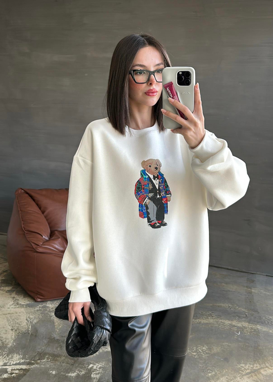 Ayıcık Baskılı Sweatshirt EKRU