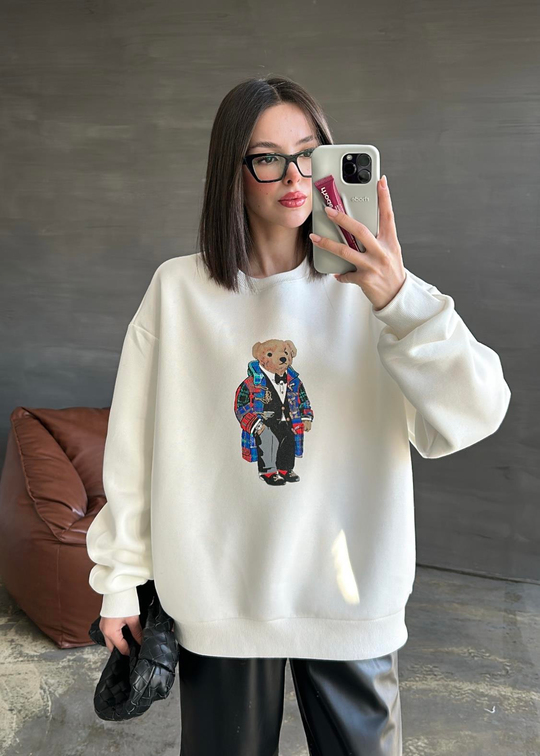 Ayıcık Baskılı Sweatshirt EKRU