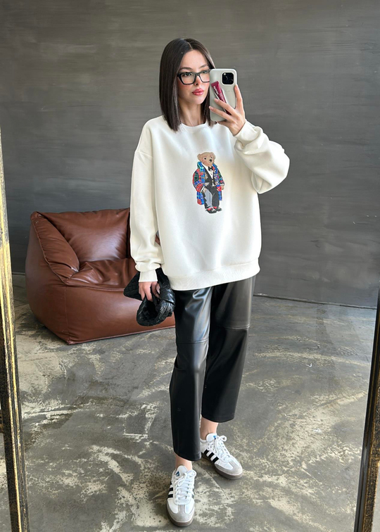 Ayıcık Baskılı Sweatshirt EKRU